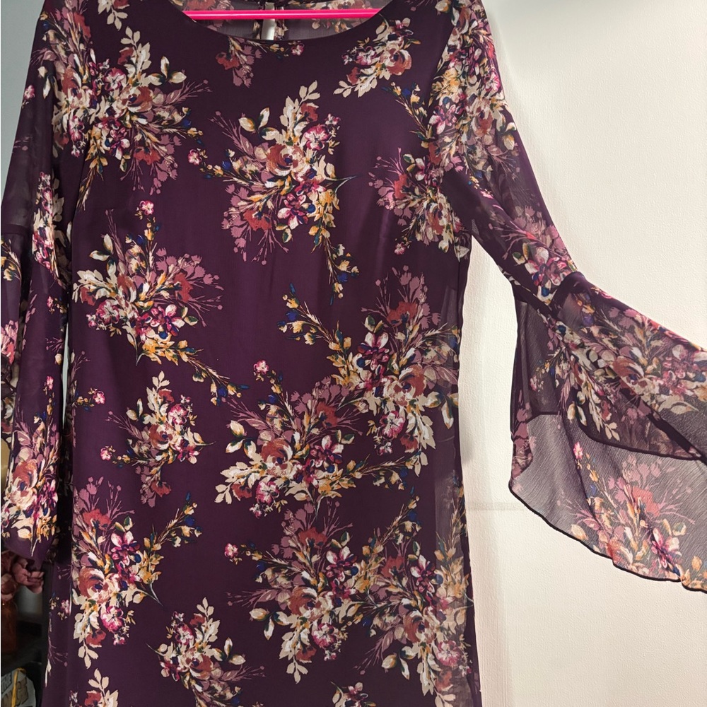 Elegant Purple and Pink Long Bell Sleeve Mini Dress